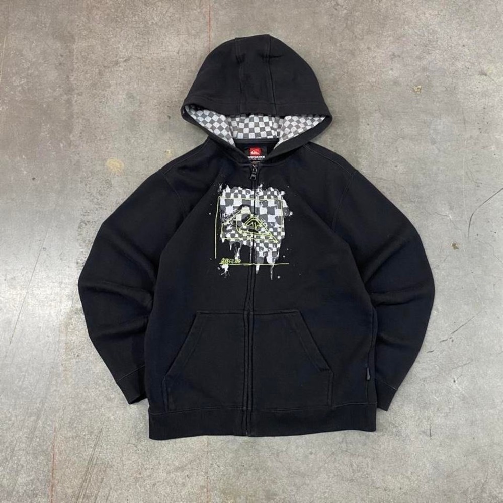 Y2K Quiksilver Black Full Zip Hoodie Graphic‎ Logo Skatewear Womens Size S